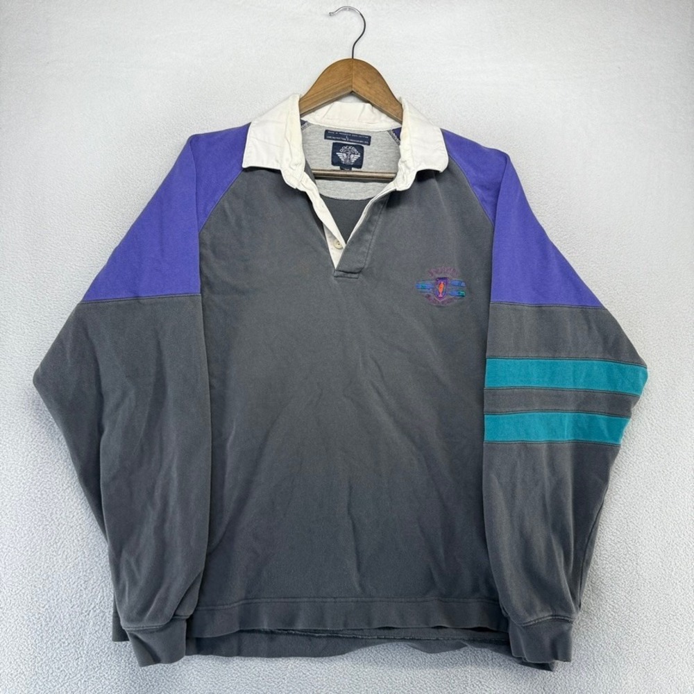 Vintage Dockers Rugby Shirt Mens Large Gray Black Faded Purple Colorblock Preppy